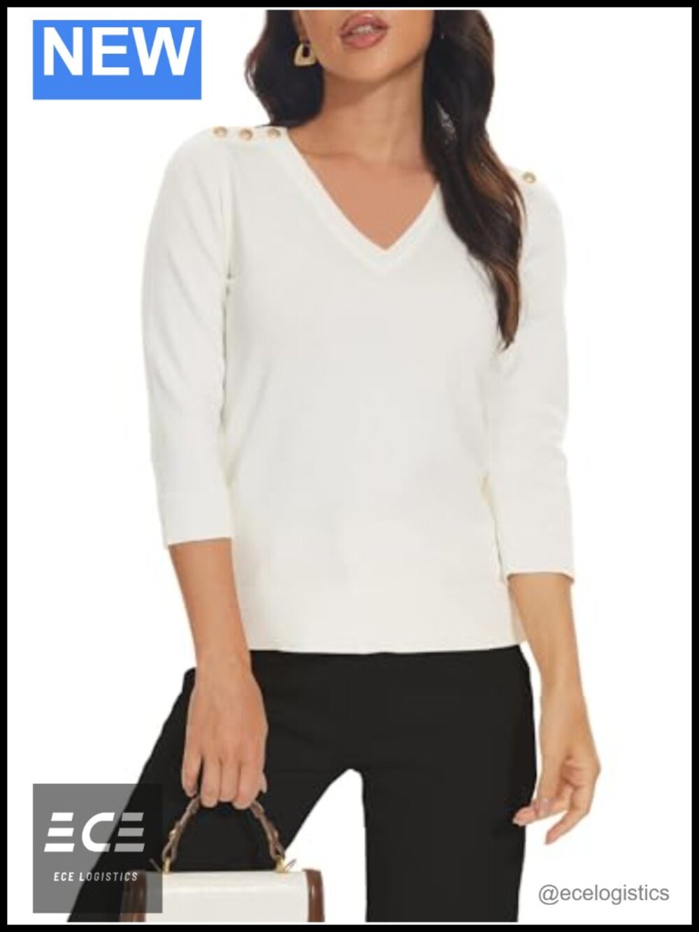 Spicy Sandia Women's 3/4 Sleeve V Neck Sweater with Shoulder Buttons